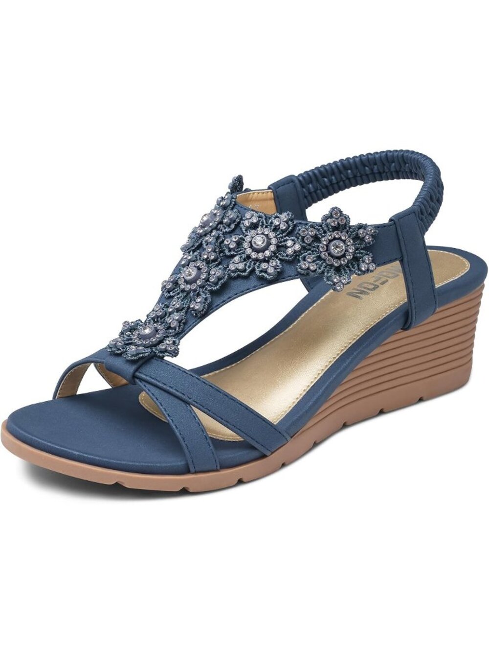 Women's Navy Blue Elastic Open Toe Flower Low Wedge Heels Platform Sandal Shoes